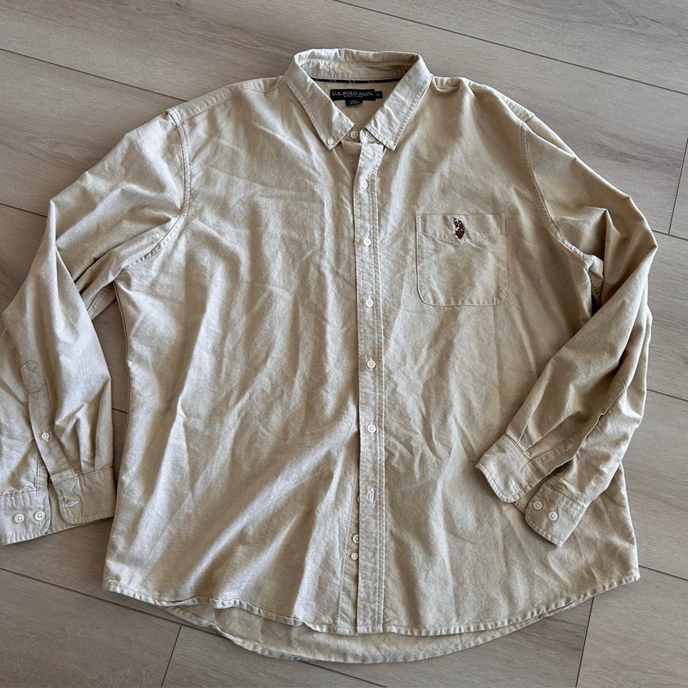 U.S. Polo Assn. 100% Cotton Mens Button Down Shirt 3XL Long Sleeve Casual Beige